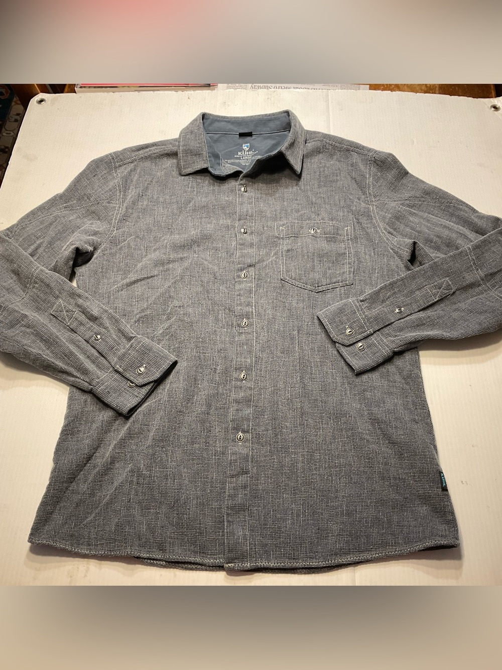 KUHL Uproar 5 Panel Mens Button Down Shirt Gray Blue Long Sleeve Outdoor Sz L